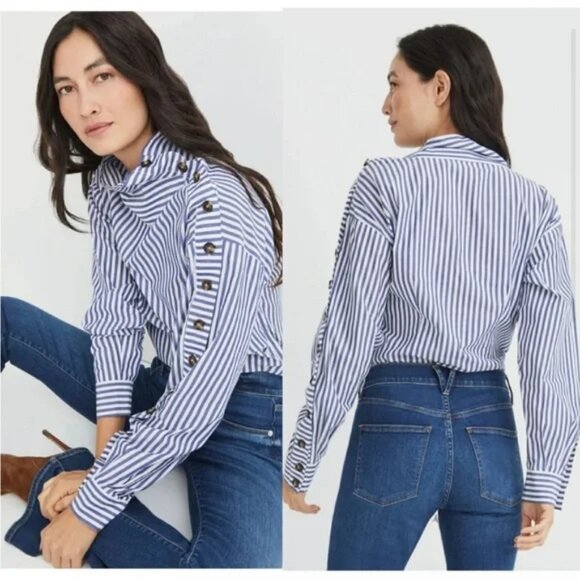 Veronica Beard Fauri Striped Off-The-Shoulder Long Sleeve Shirt Size 4 - Picture 2 of 16